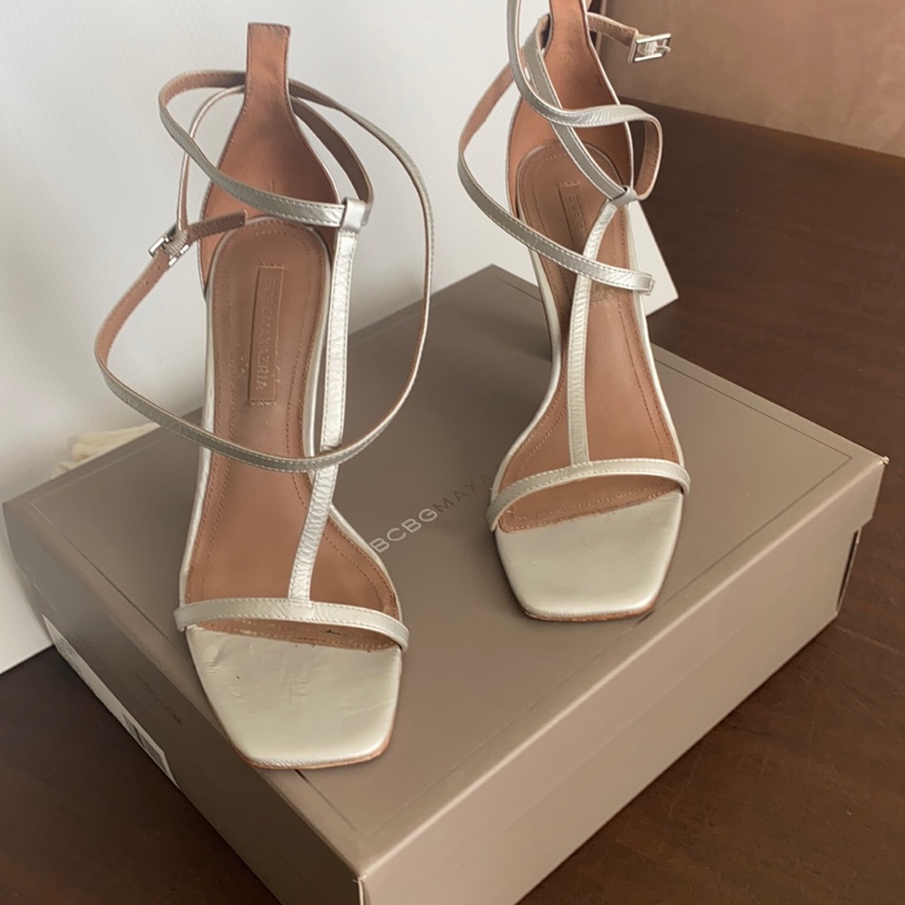 Bcbgmaxazria Ina Talisman silver ankle wrap sandals